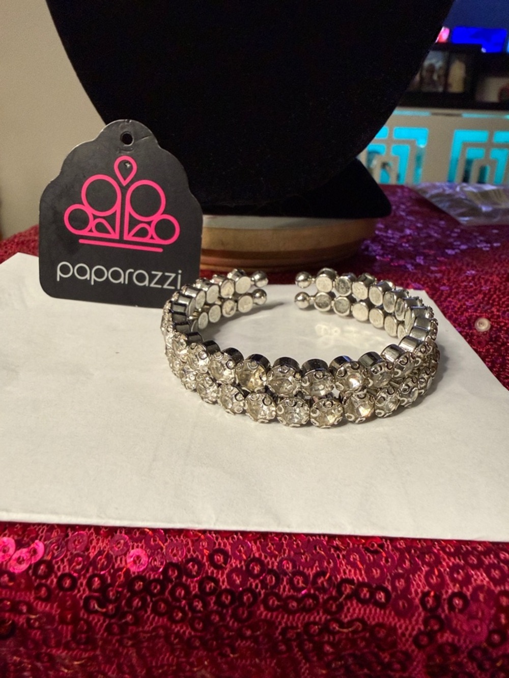 paparazzi Silver Crystal Double-Row Cuff Bracelet